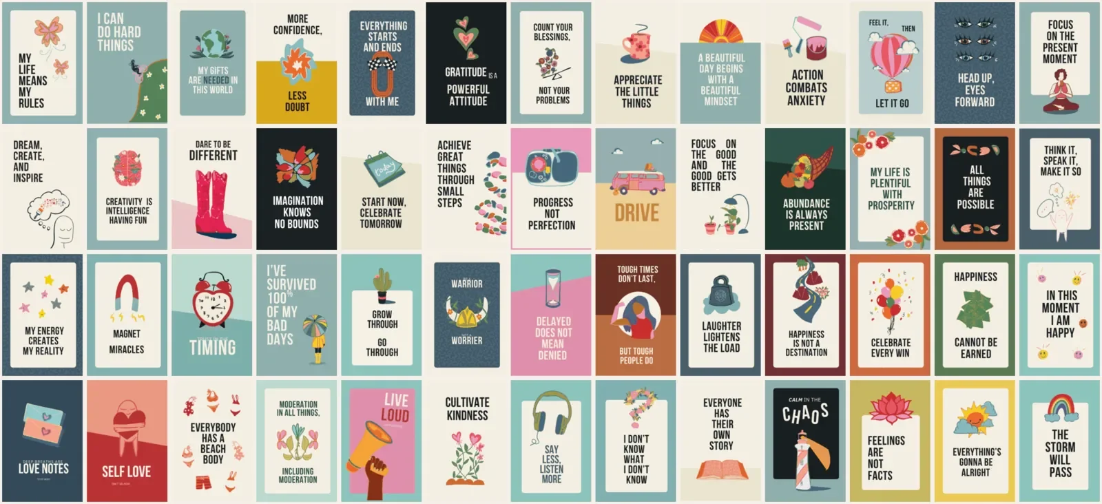 A mosaic of the fifty-two illustrated mantra pages in the workbook