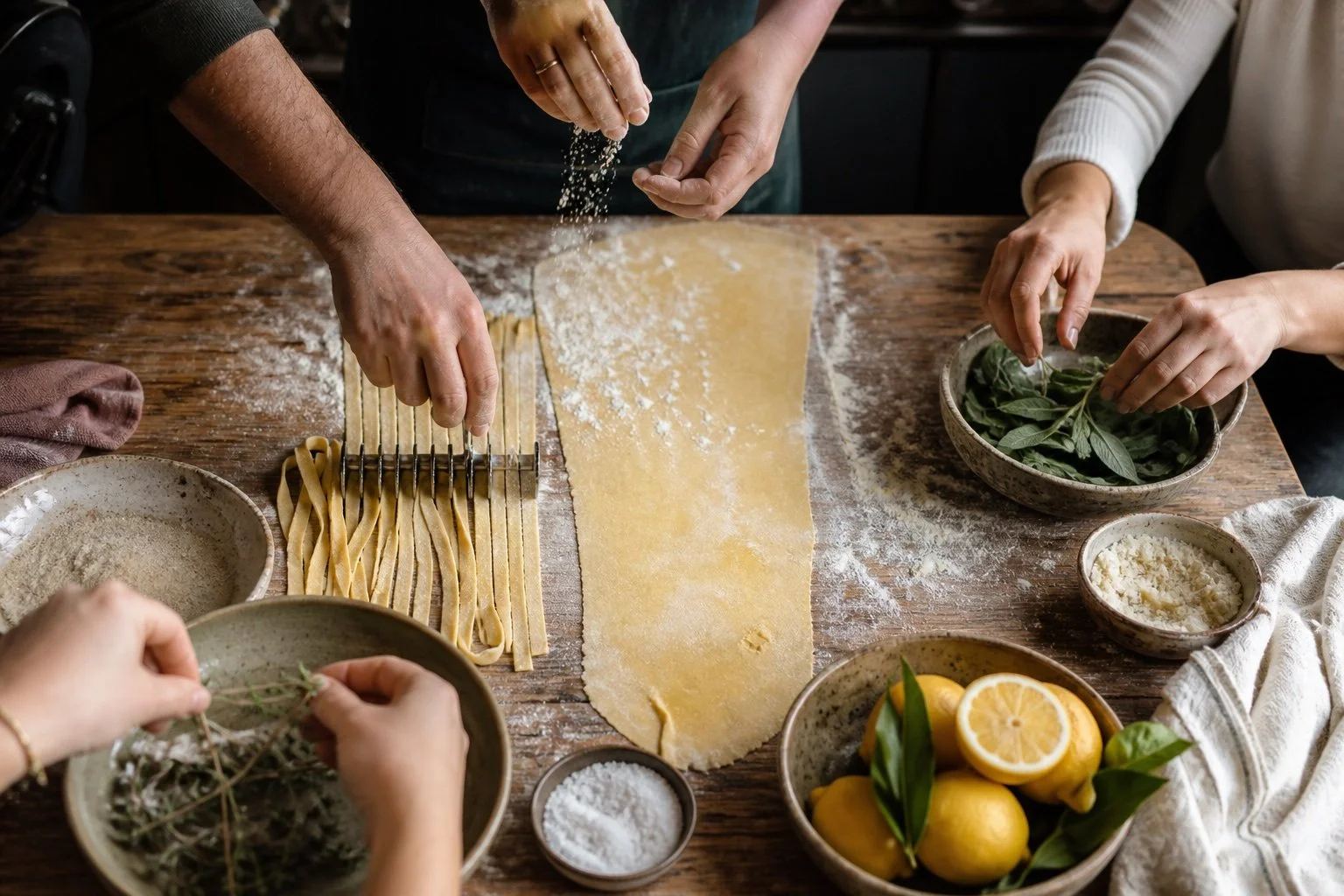 Hands shaping fresh pasta during a shared cooking experience