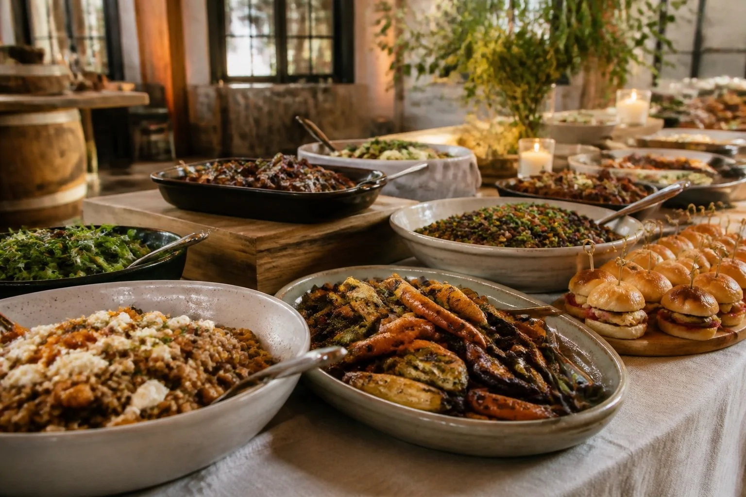 Seasonal dishes arranged for a catered buffet