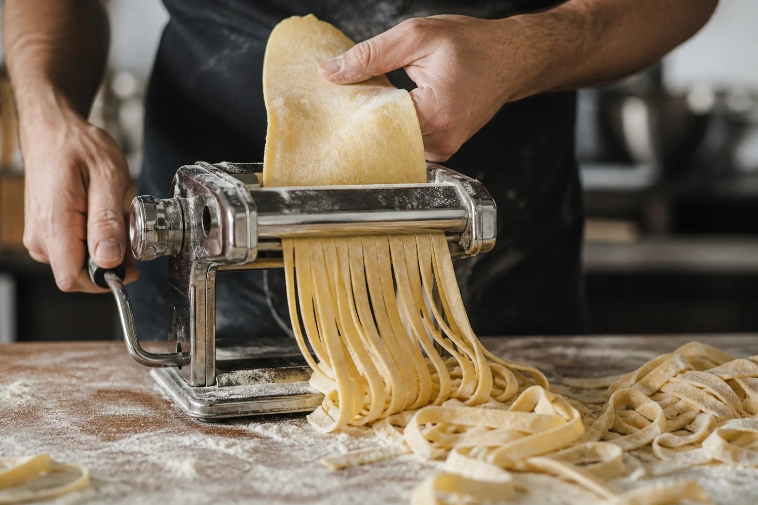 Hands cutting fresh pasta dough into noodles