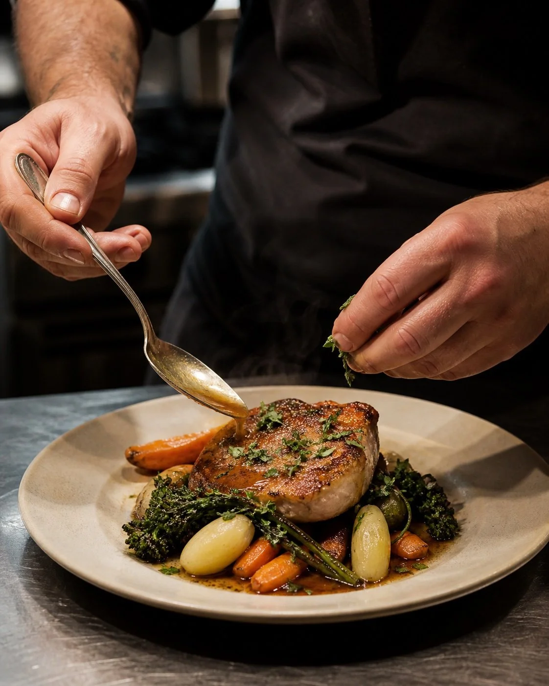 Chef finishing an elegant plated dinner with sauce