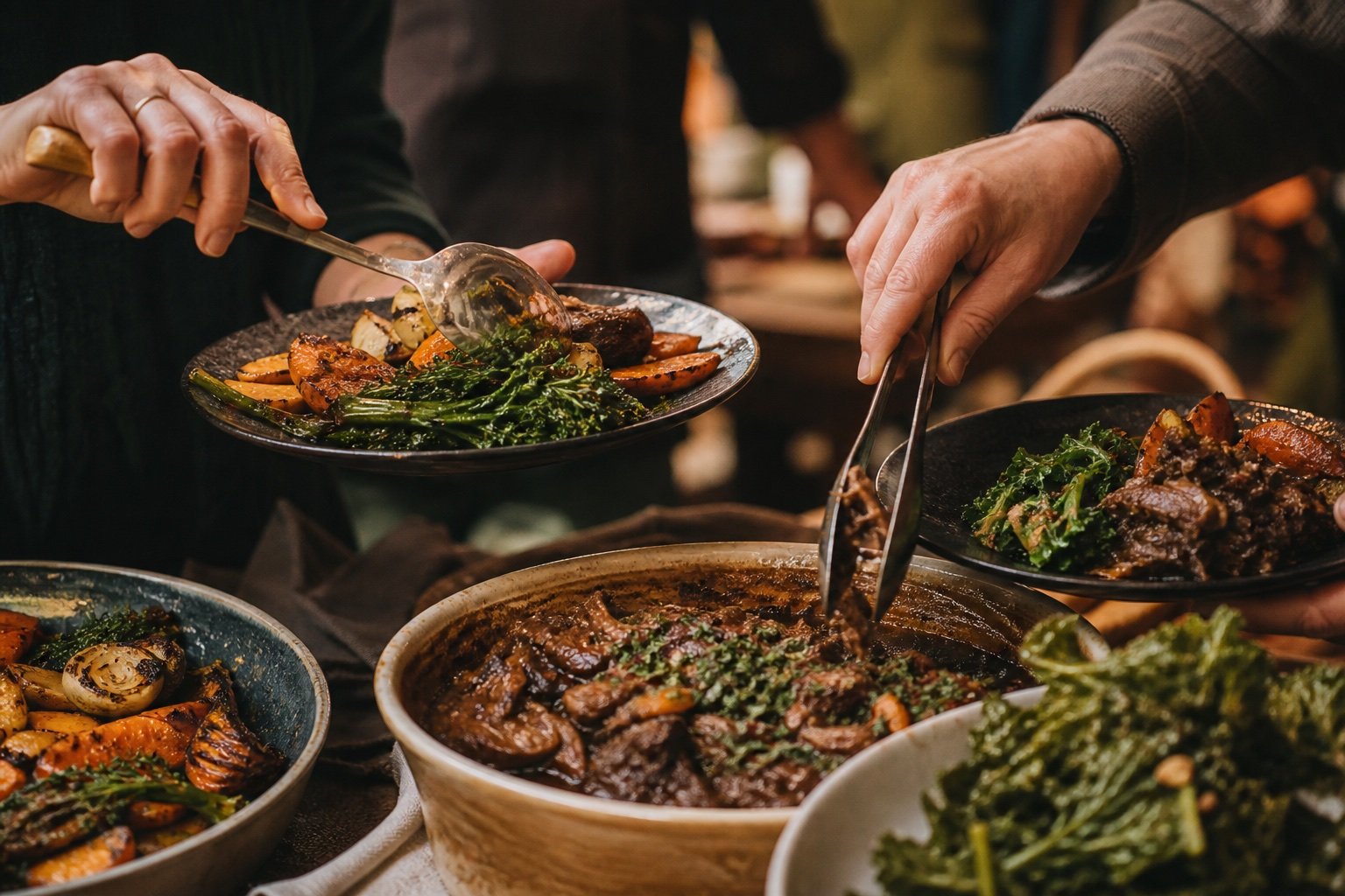 Hands serving freshly prepared food at a shared table