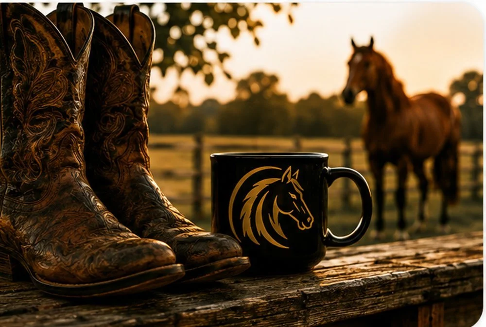 Cowboy boots and a Workhorse Financials mug on a fence rail at sunset, with a horse in the background