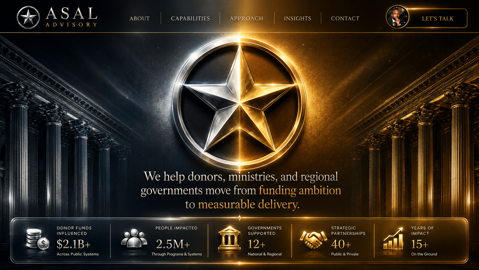 ASAL Advisory hero page with metallic star emblem, executive navigation, and public impact metrics