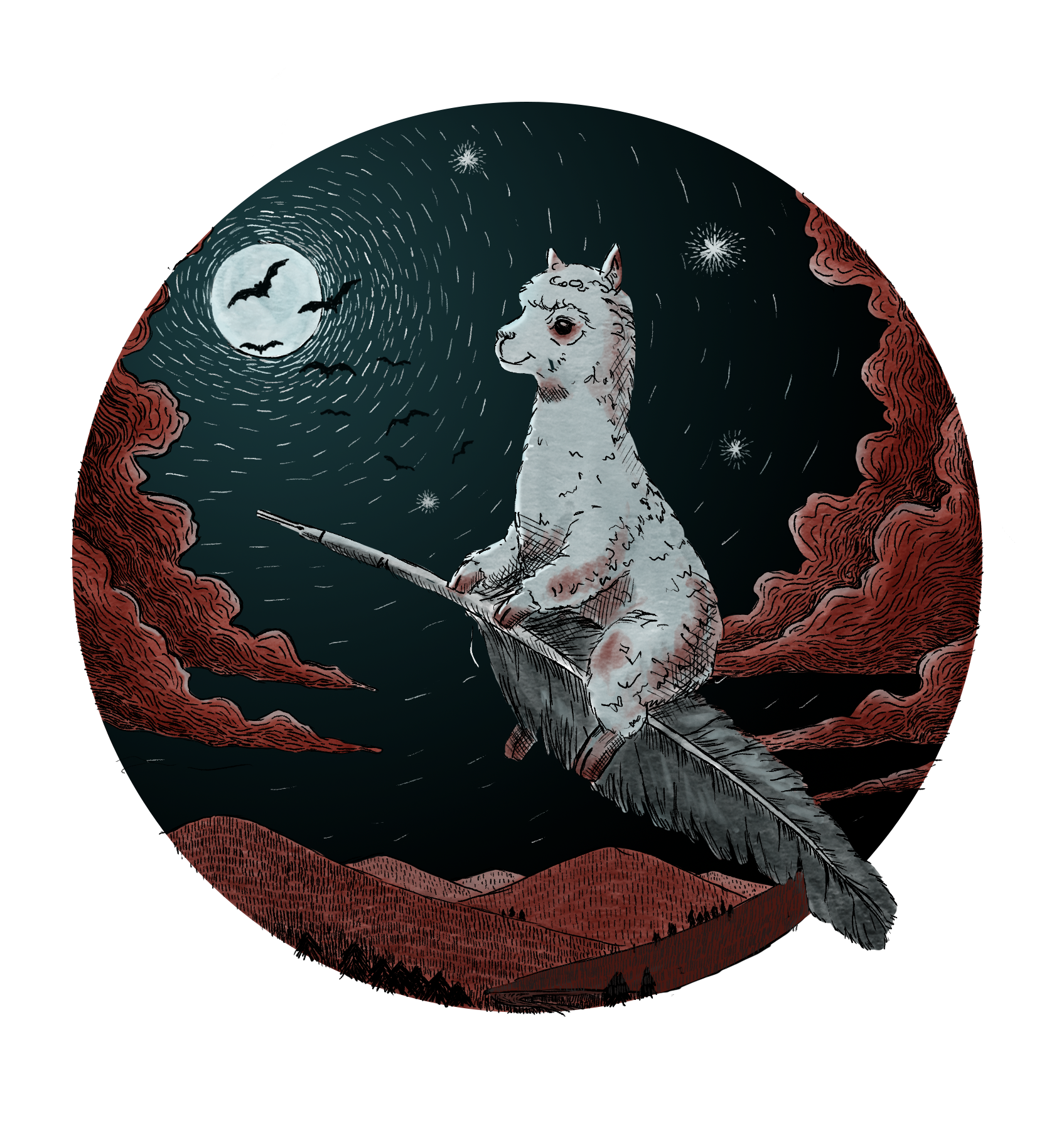Whimsy — an alpaca riding a quill through a spooky moonlit sky