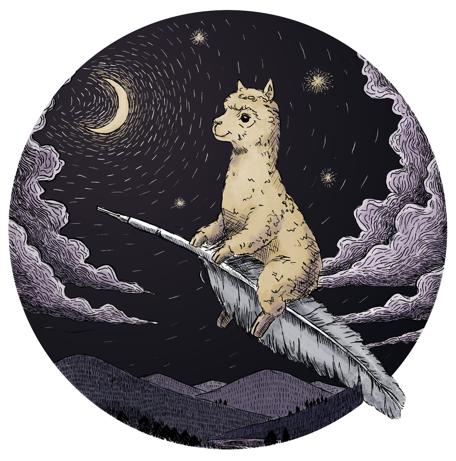 Whimsy — an alpaca riding a quill through a moonlit sky