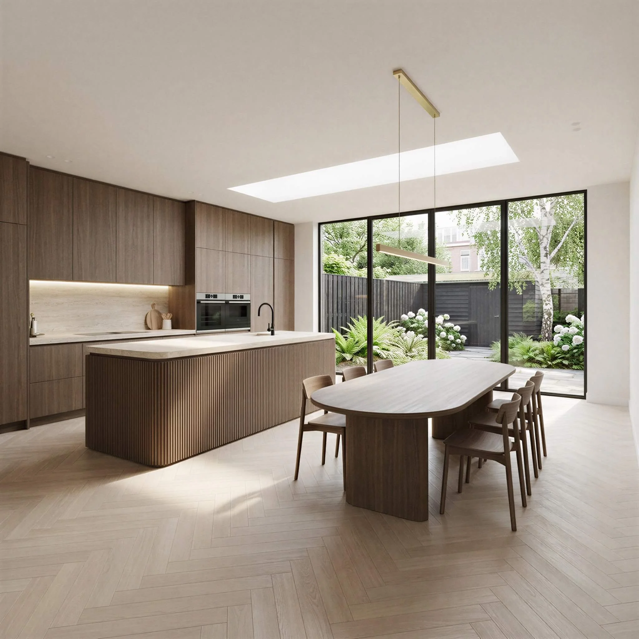 After - Contemporary open-plan kitchen and dining room with wood cabinetry and garden views