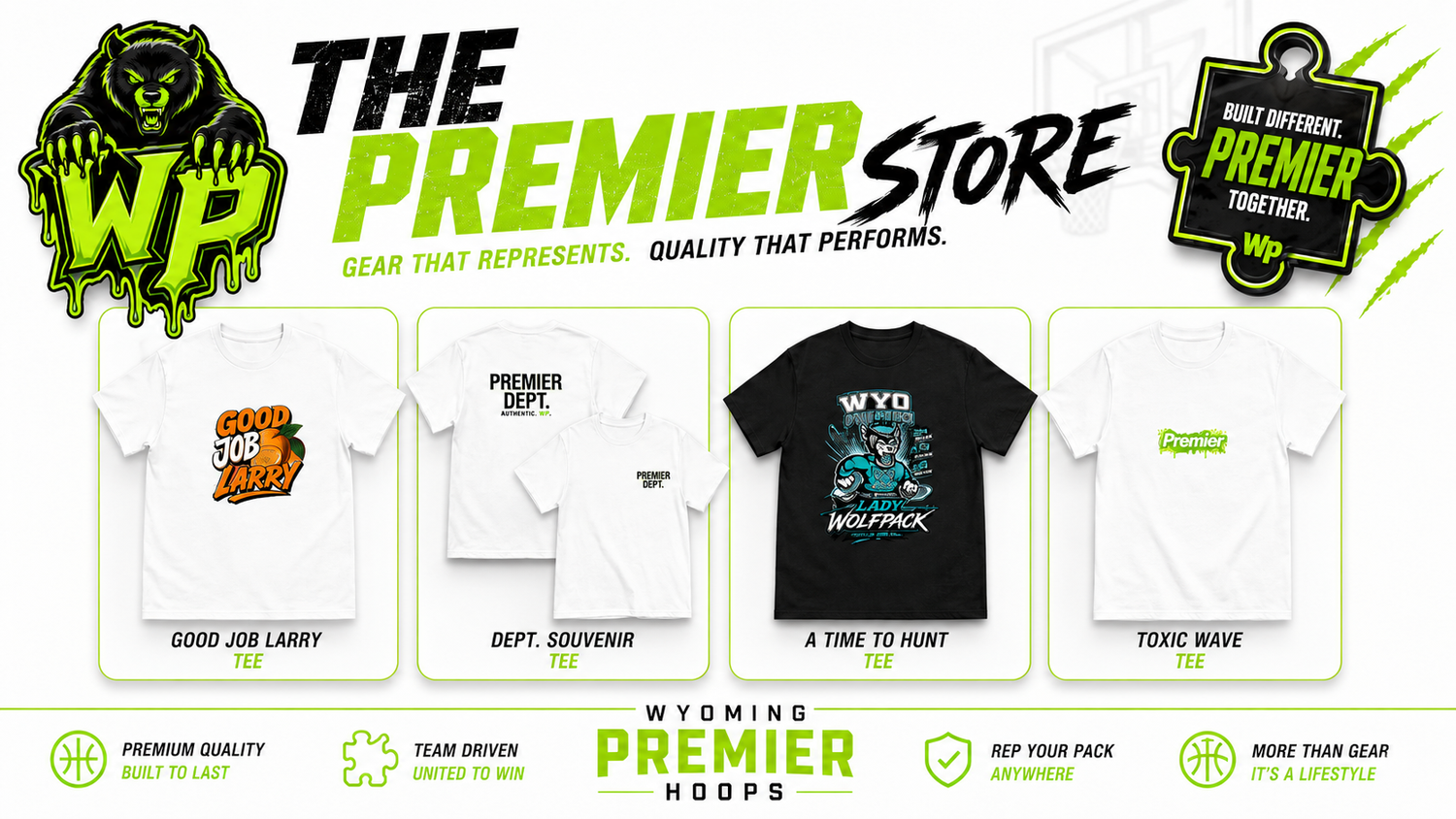 Premier Store display featuring Good Job Larry, Dept. Souvenir, A Time To Hunt, and Toxic Wave shirts