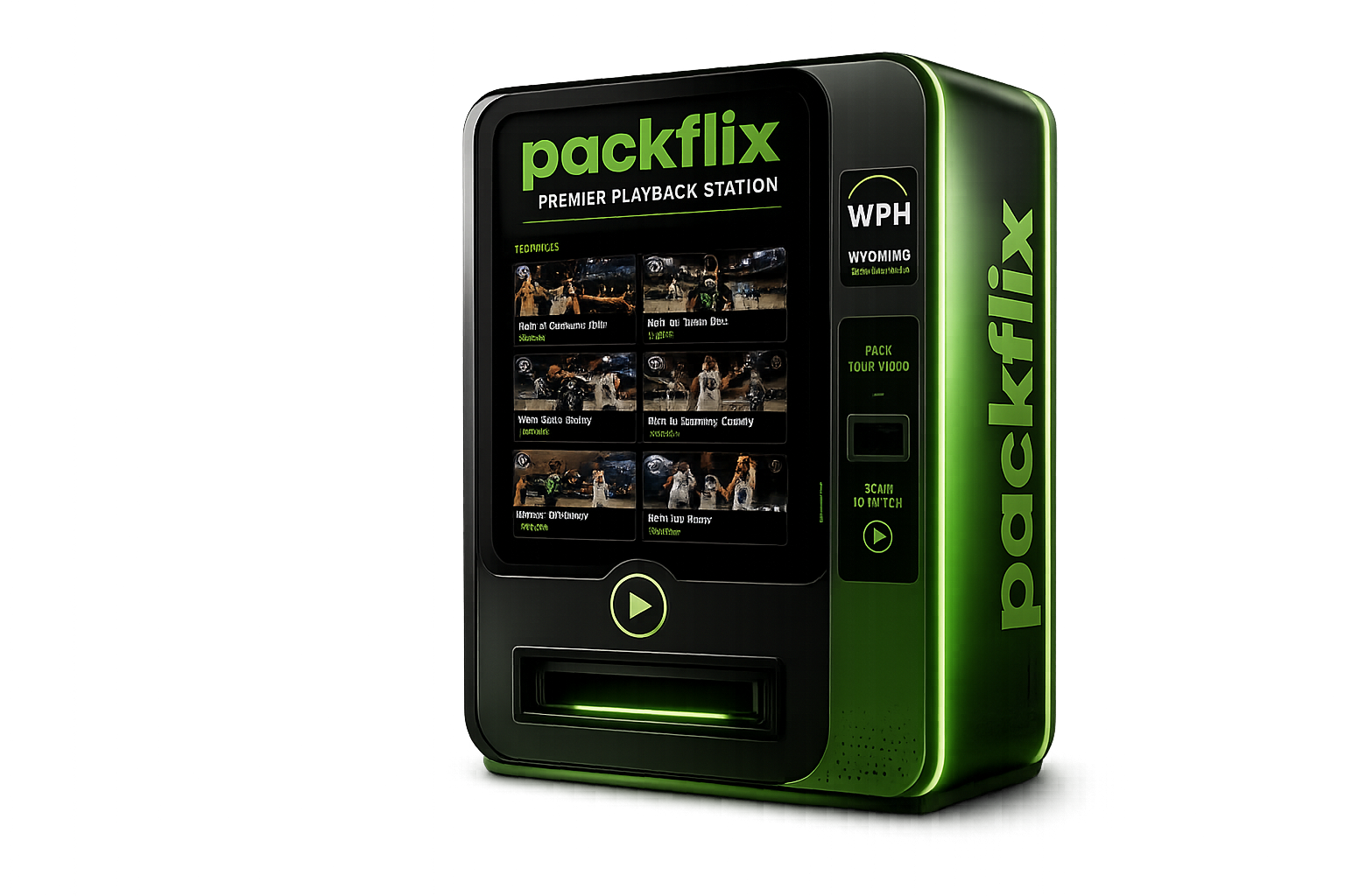 WPH Packflix Premier Playback Station social graphic with futuristic green video kiosk