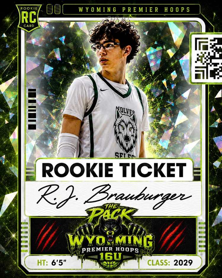 Full RJ Brauburger Wyoming Premier Hoops 16U Gold Rookie Ticket player card
