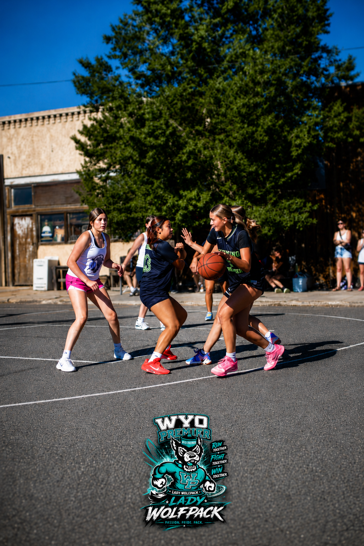 Lady Wolfpack player driving through defenders