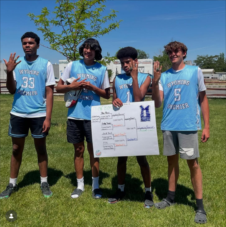 Wyoming Premier Hoops players celebrate a Shoshoni Summer Nights three-on-three championship