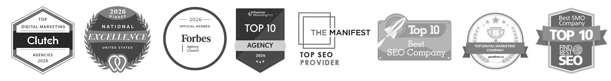 Miami SEO Company recognized by Clutch, UpCity, Forbes Agency Council, Influencer Marketing Hub, The Manifest, GoodFirms, and Find Best SEO as a top digital marketing and SEO agency in 2026