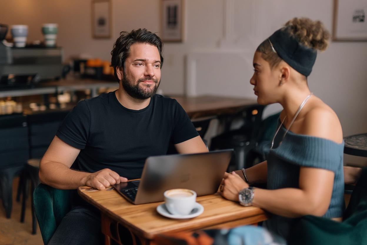 Jobin John consulting with a Miami client over coffee, founder-led search engine optimization service in Brickell