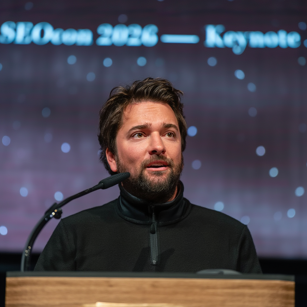Jobin John, founder of Miami SEO Company, speaking at SEOcon 2026 keynote on AI search optimization and organic search strategy