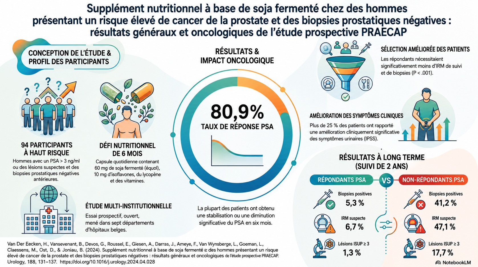 Infographie résumant une étude sur les compléments alimentaires à base de soja fermenté chez les hommes présentant un risque de cancer de la prostate, comprenant la conception de l'essai, le profil des participants, un taux de réponse du PSA de 80,9 % et les résultats à long terme, avec les biomarqueurs et les résultats d'imagerie.