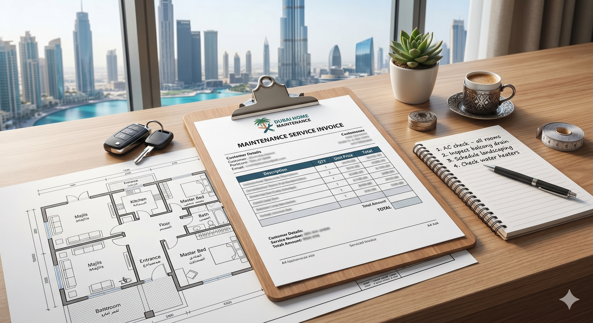 Maintenance service invoice and clipboard on a desk with a calculator and property floor plan, Dubai home maintenance planning