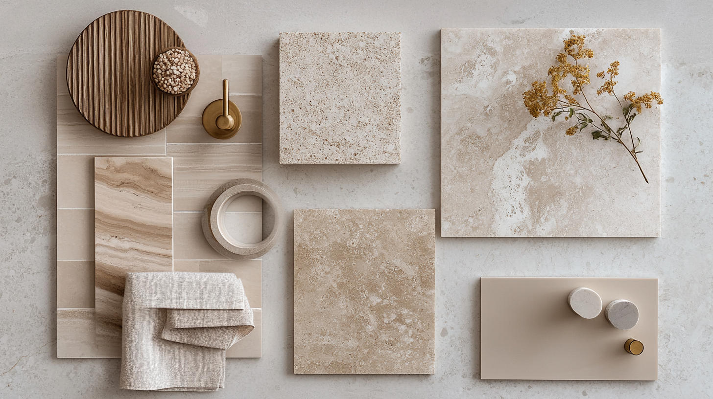 Interior design mood board with porcelain tile samples, brushed-brass tapware, oak veneer, and warm neutral paint swatches for a Dubai apartment renovation