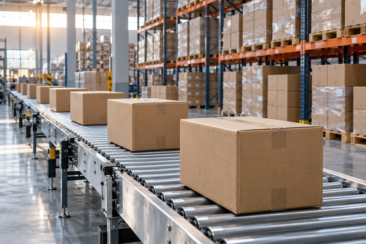 Cartons moving through a clean modern distribution facility