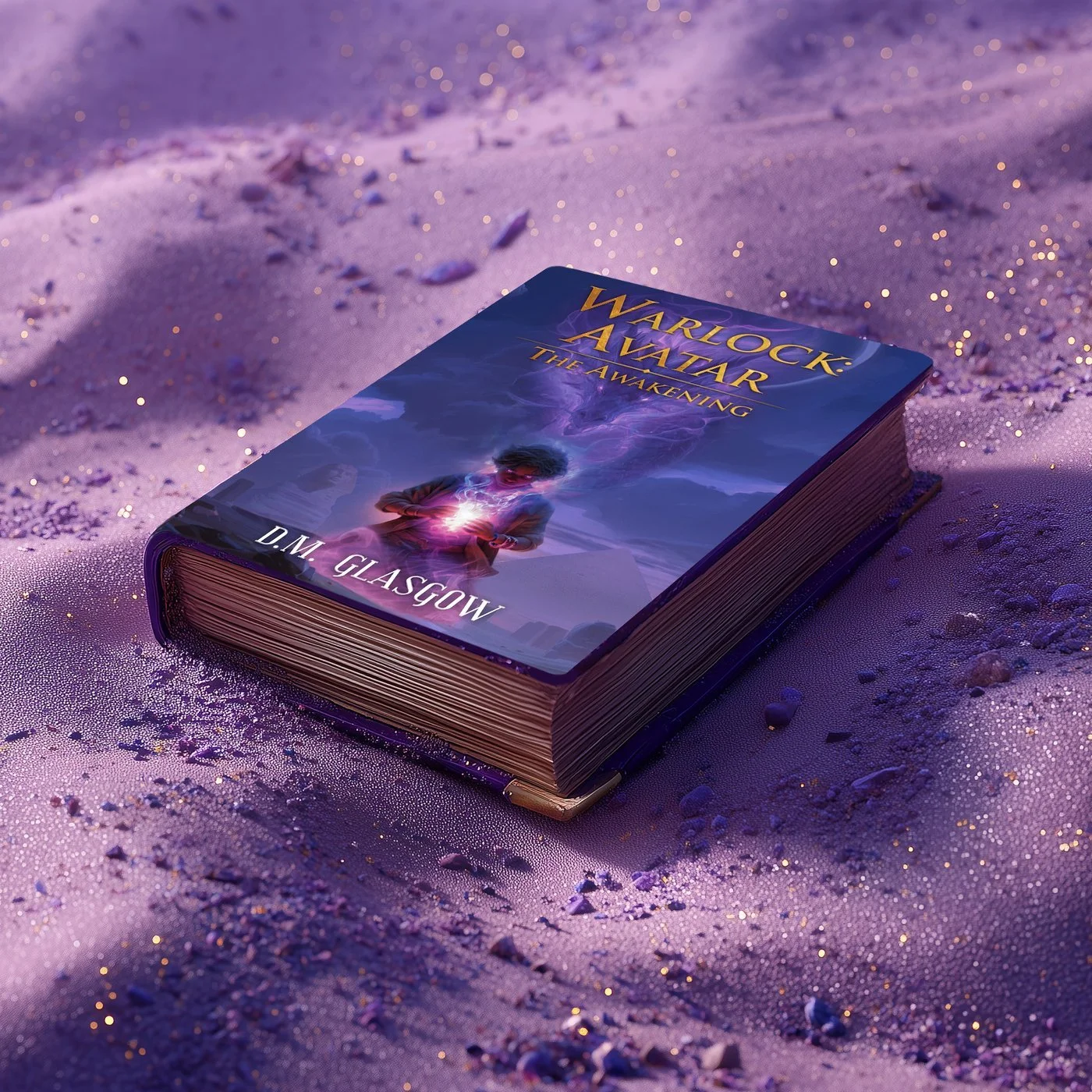 Warlock: Avatar — The Awakening by D.M. Glasgow, book mockup on a purple desk
