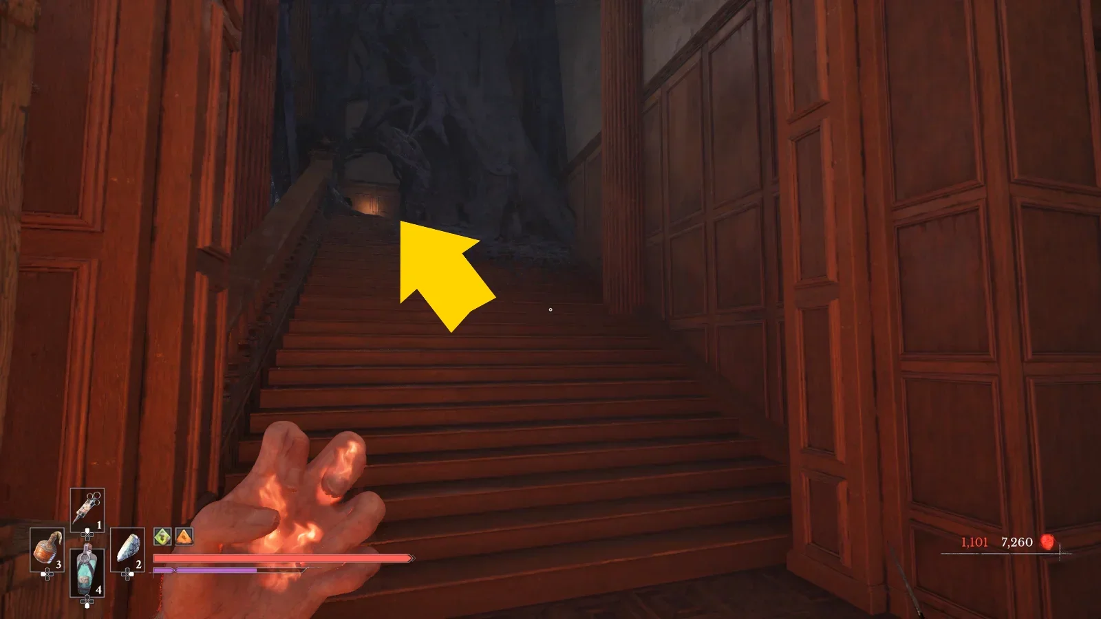 Go up the 2nd set of stairs.