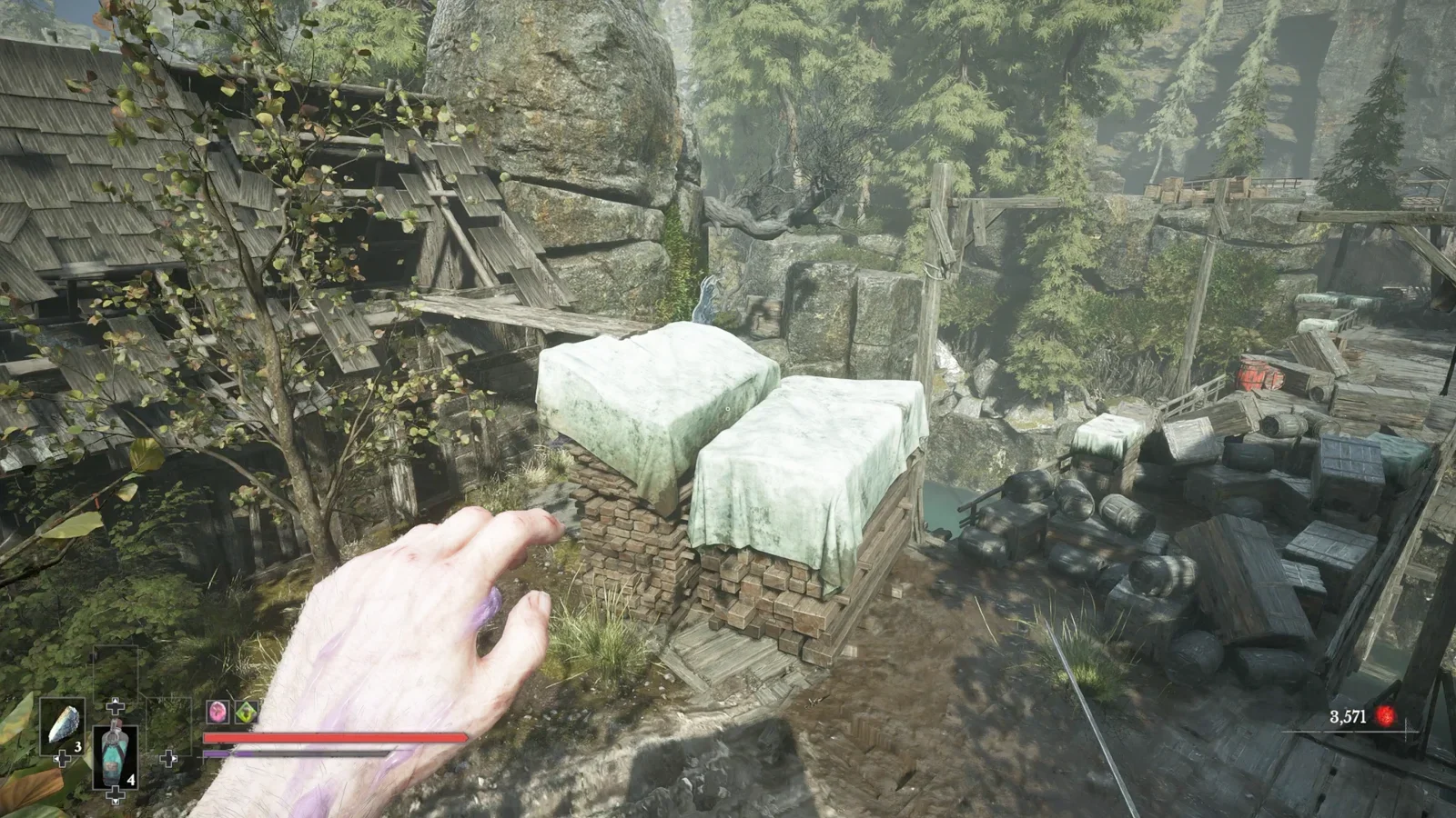 Jump on the boxes just past the bridge.