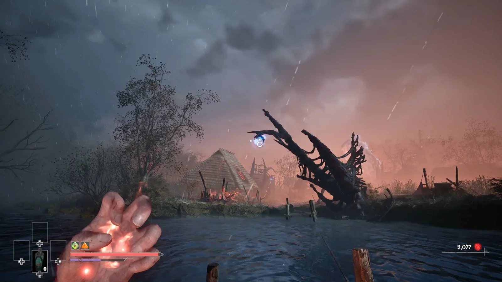 Use the Grappling ability to swing across the river.
