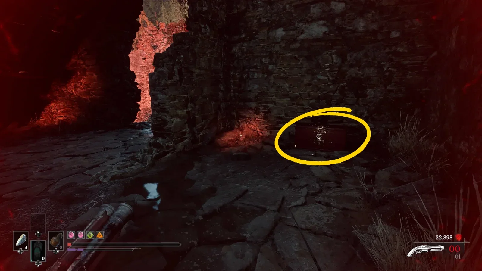 Chest Location: Up the stairs, then look right.
