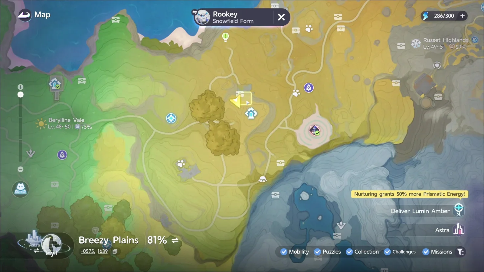 Map location — Russet Highlands during Snowy weather.