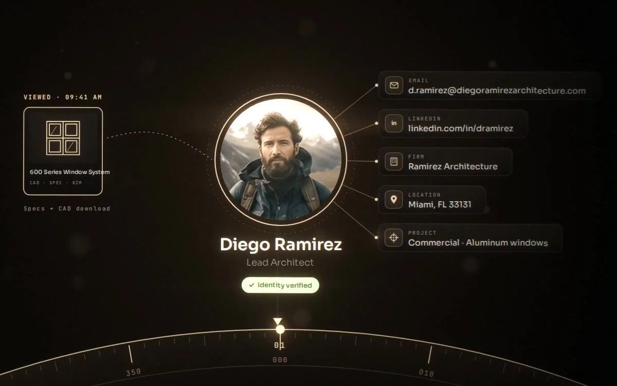 SpecSignal identifying Diego Ramirez, Lead Architect, with email, LinkedIn, firm, location and project