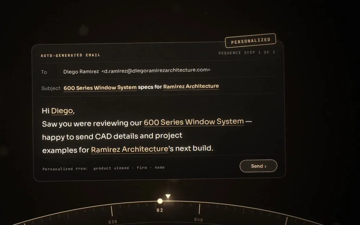 Auto-generated email to Diego Ramirez referencing the 600 Series Window System he viewed