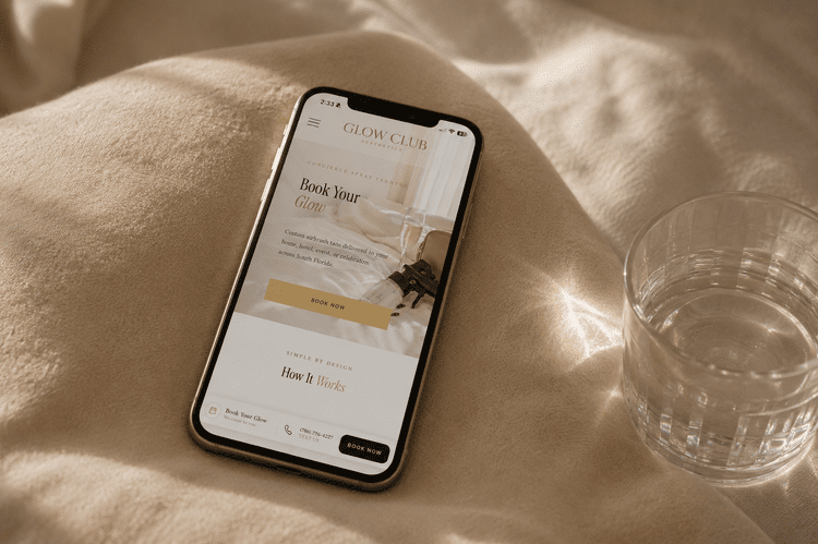 Booking a mobile spray tan appointment on a phone from the Glow Club Aesthetics website