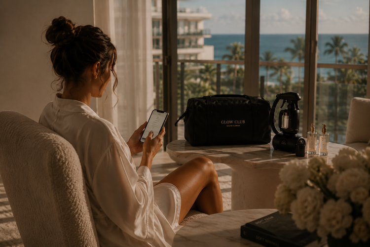 Glow Club airbrush tanning equipment set up on a South Florida balcony overlooking the ocean