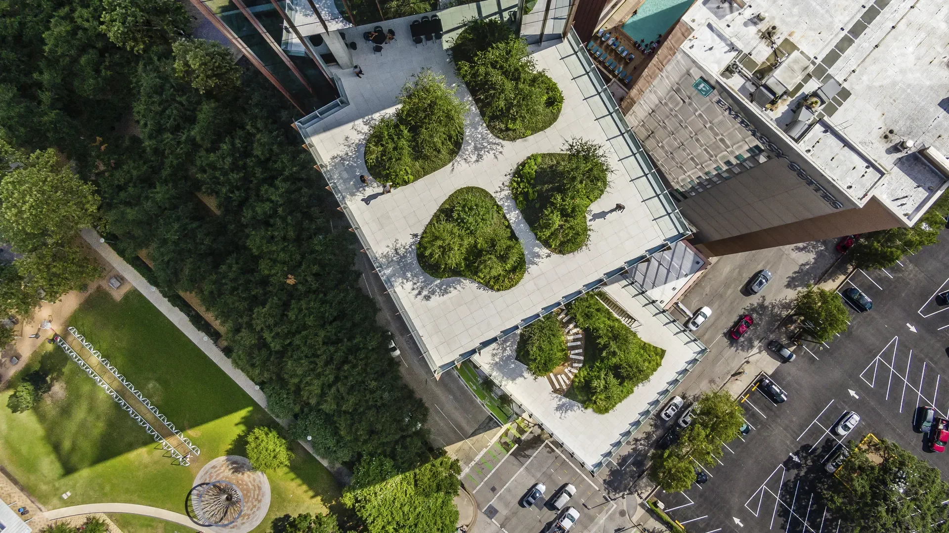 Shade Garden (lower terrace) and Pollinator Garden (upper terrace) Aerial