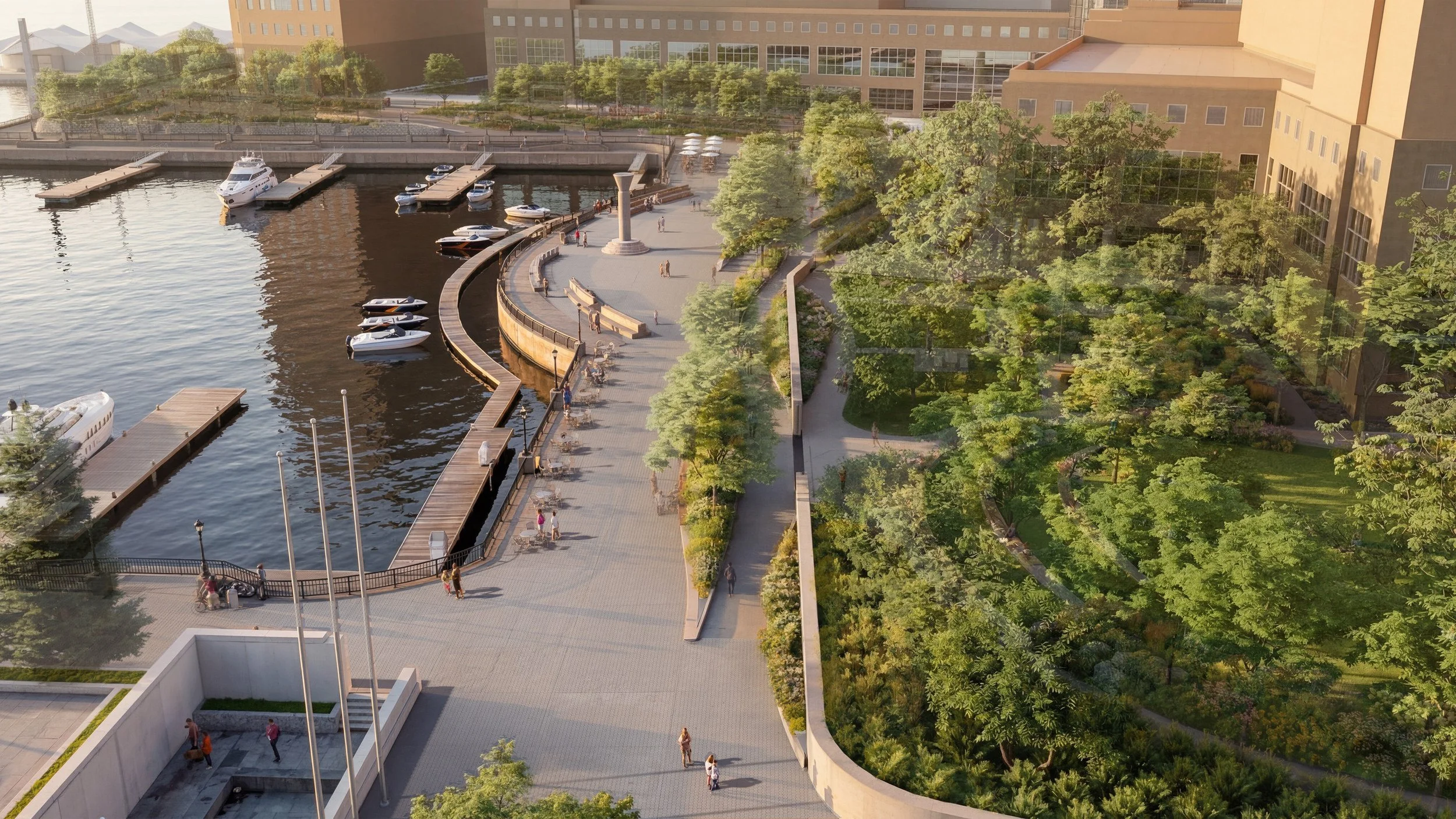 Waterfront park aerial rendering