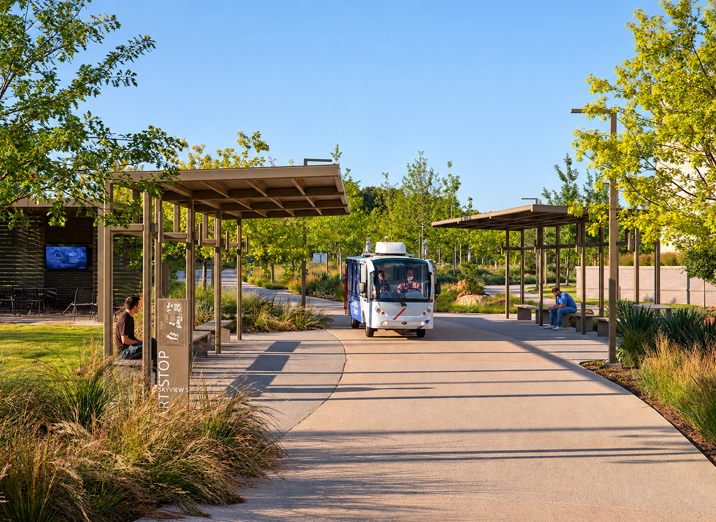A campus cart stop and its landscape setting.