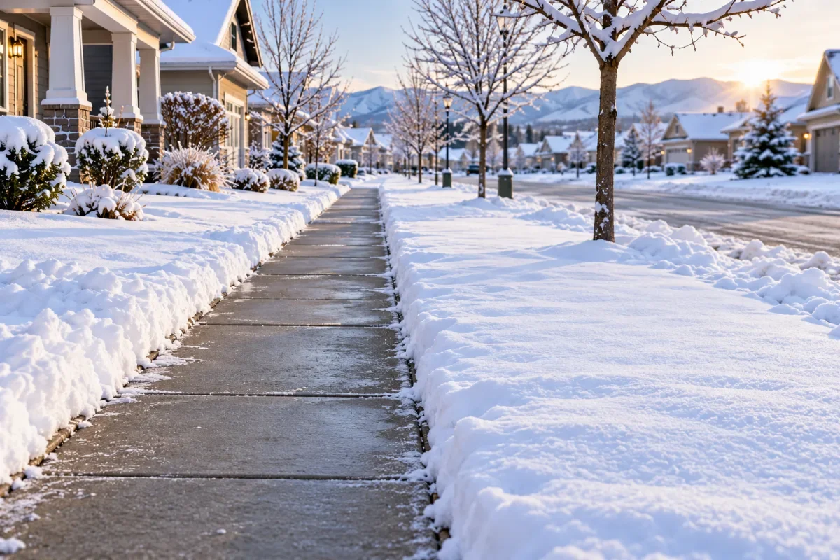 Winter street in a Meridian subdivision with one cleared sidewalk beside an uncleared one, showing the contrast