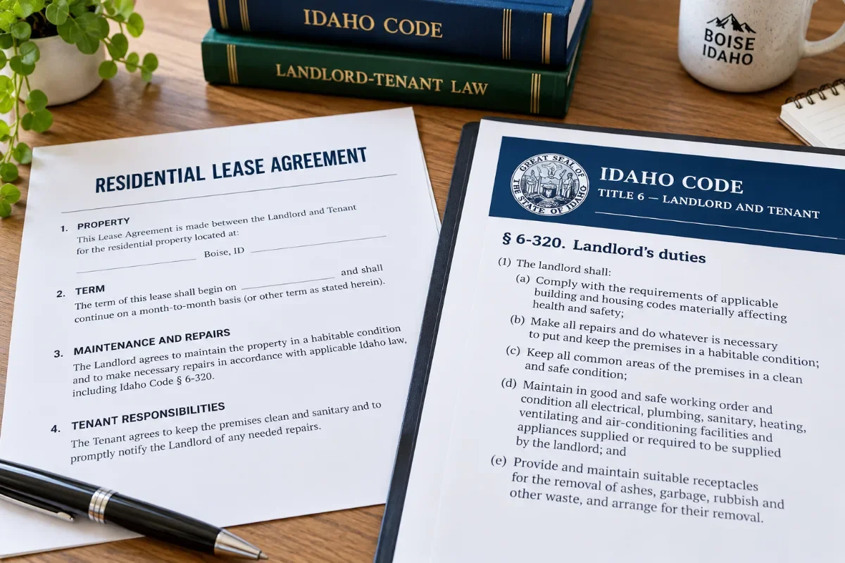 A side-by-side comparison of a short Idaho rental lease and the text of Idaho Code section 6-320