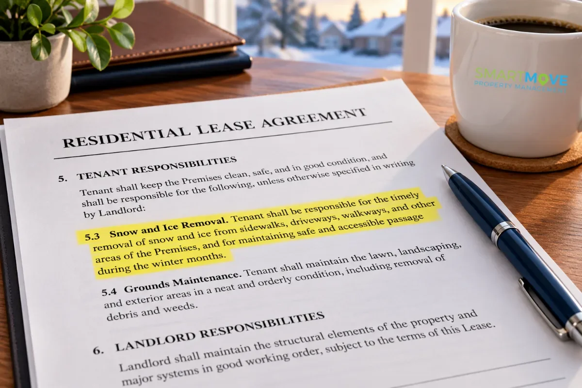 Lease document page showing a highlighted snow and ice removal clause next to a pen and a coffee cup