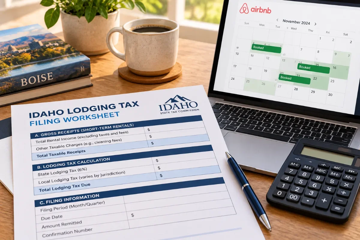 Idaho lodging tax filing worksheet beside a laptop showing a booking calendar