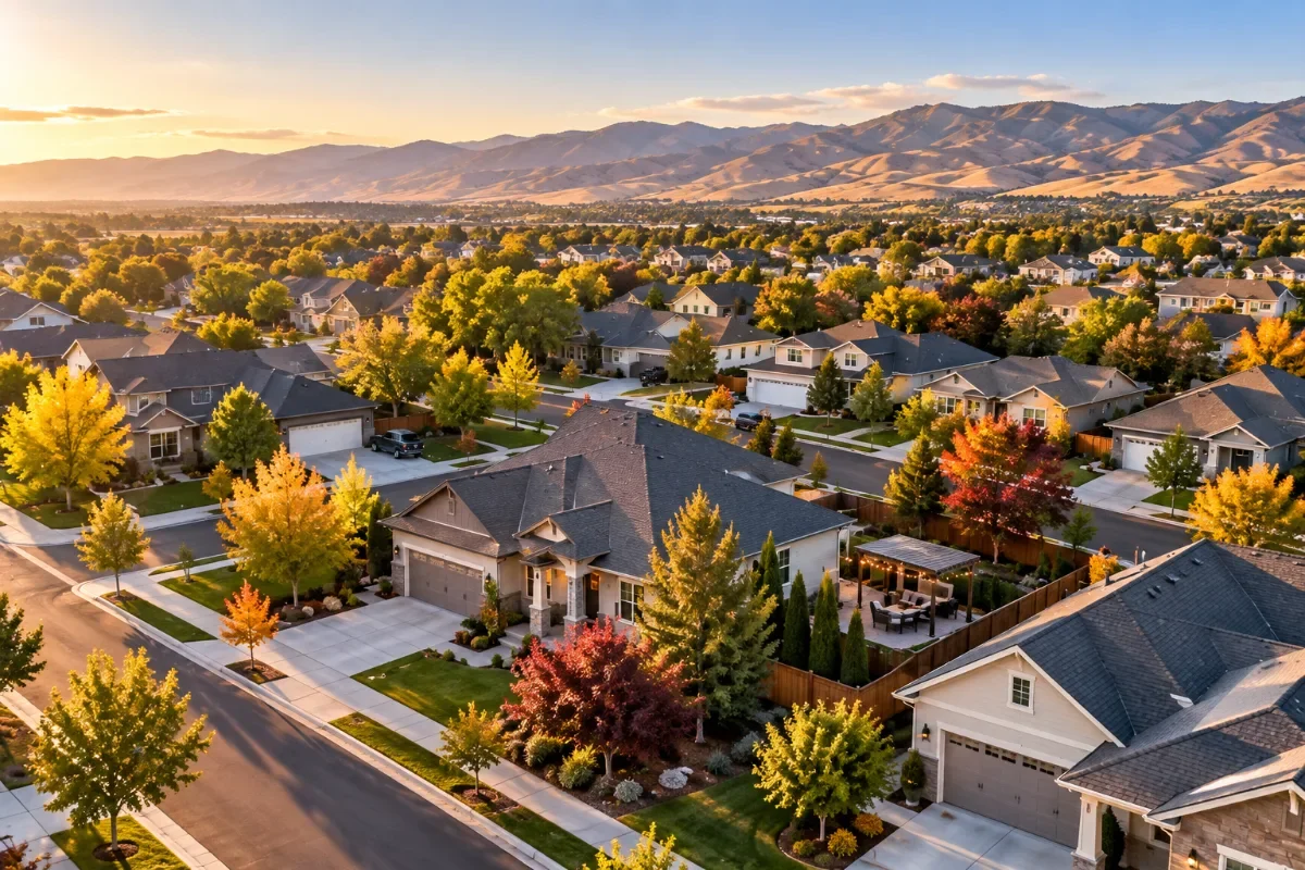 Aerial view of a Meridian subdivision with a mix of long-term and nightly rental homes