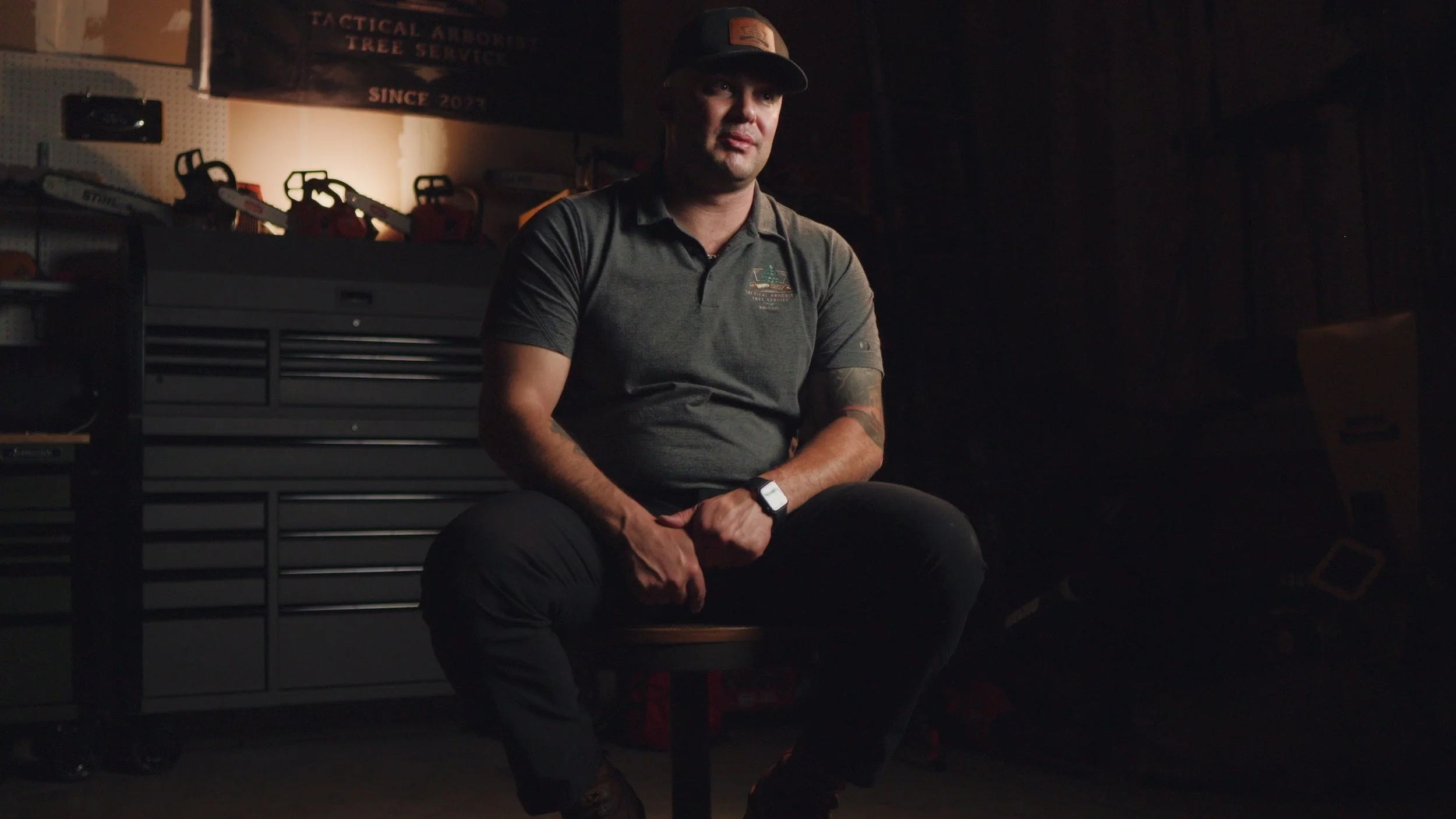 Tactical Arborist founder in his shop, interview frame