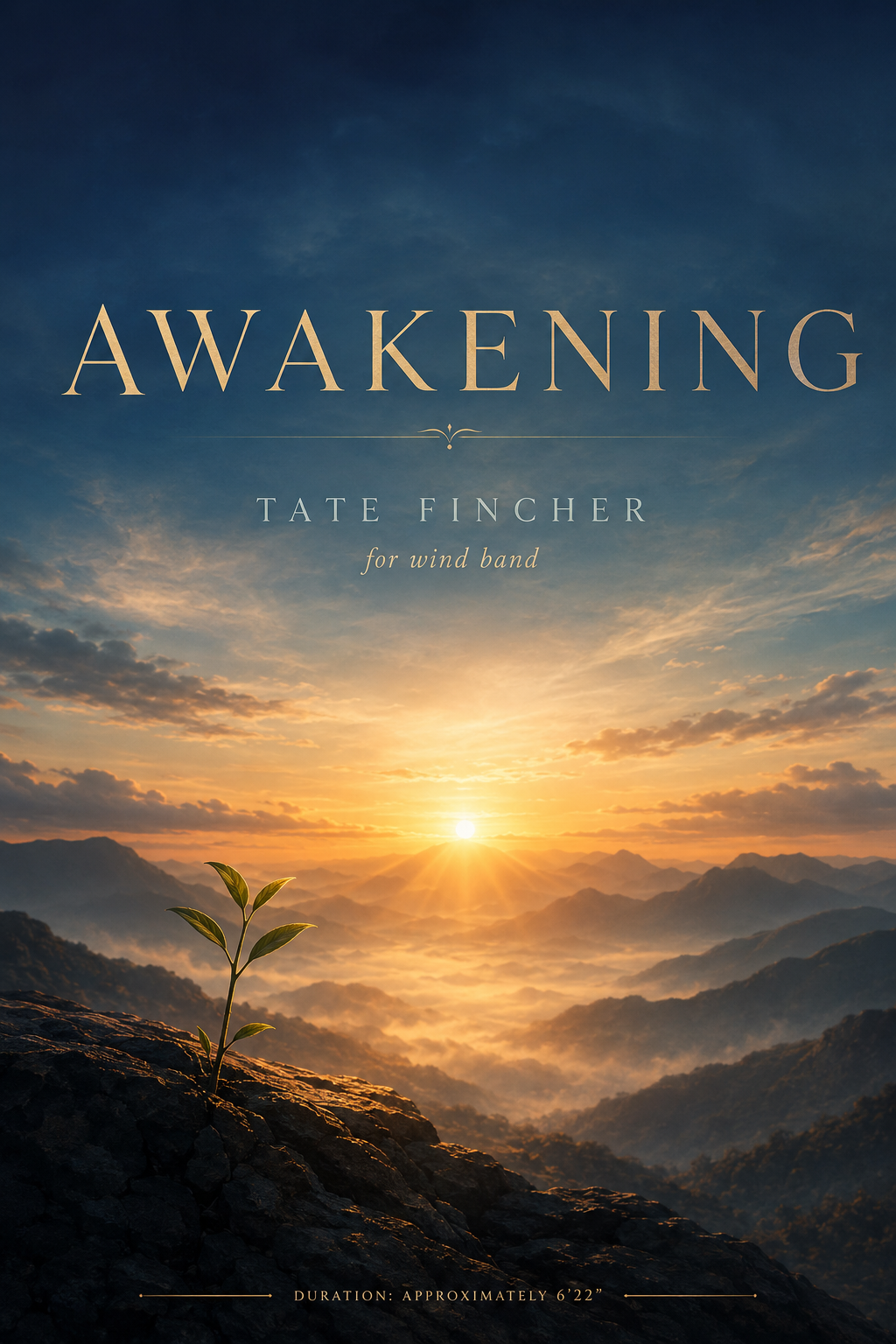 Awakening for wind band by Tate Fincher, featuring a sunrise over mountains and a young plant emerging from rock