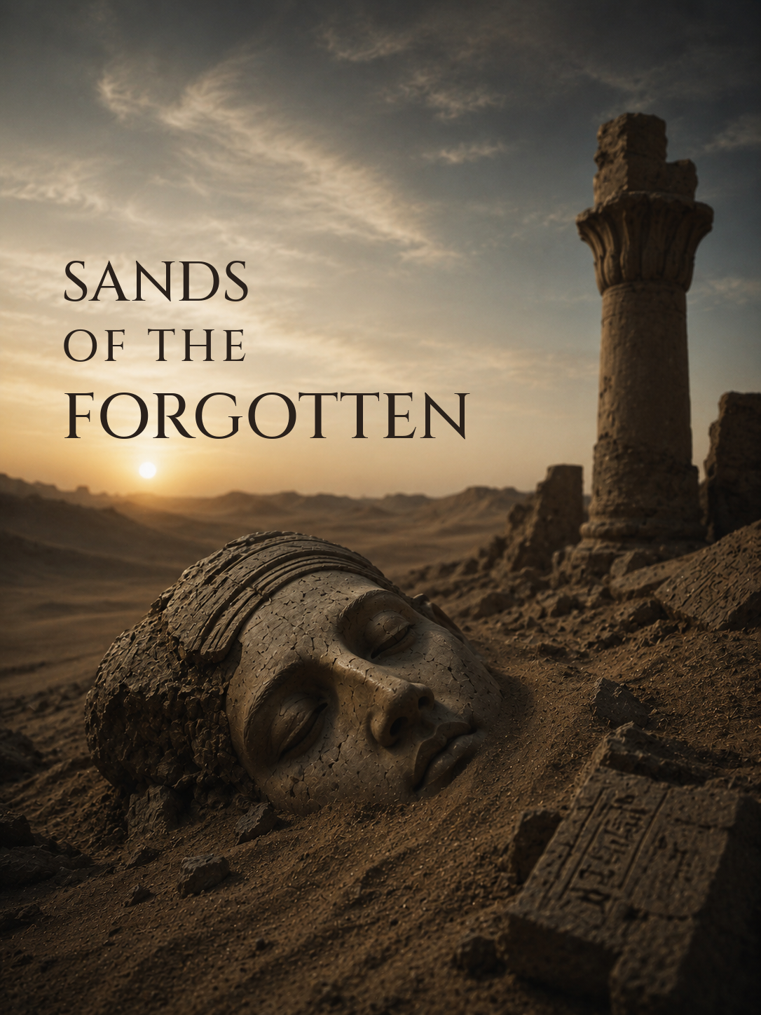 Desert ruins at sunset with a half-buried ancient stone head and broken column beneath the title “SANDS OF THE FORGOTTEN” in dark serif lettering.