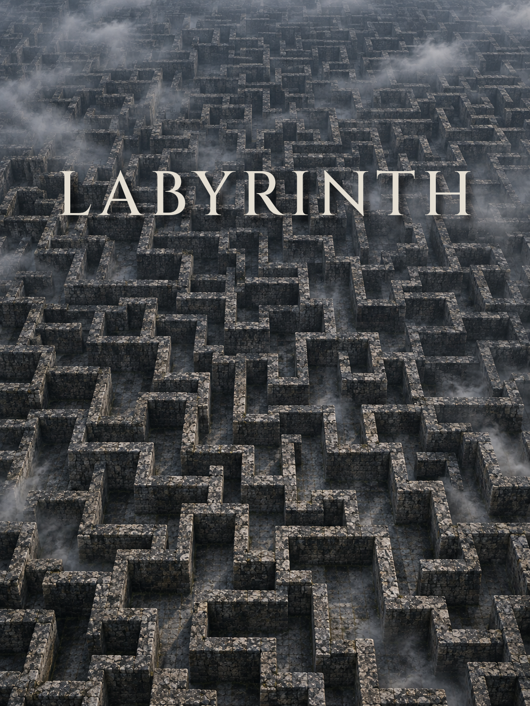 Labyrinth marching band show poster featuring an overhead view of a weathered stone maze with mist drifting through its dark corridors.