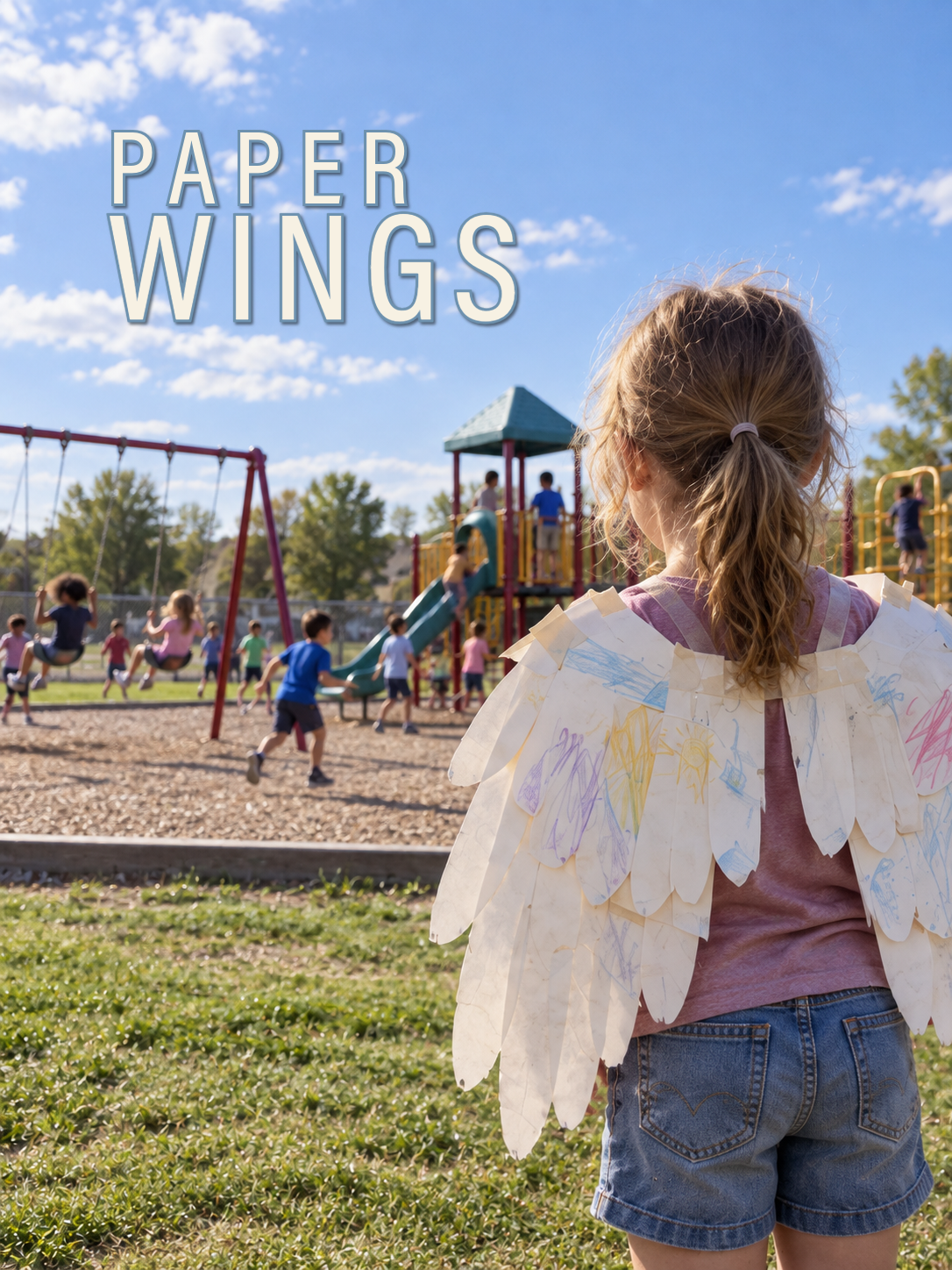 Paper Wings marching band show poster featuring the title above a child wearing handmade paper wings and watching other children play on a sunny playground.
