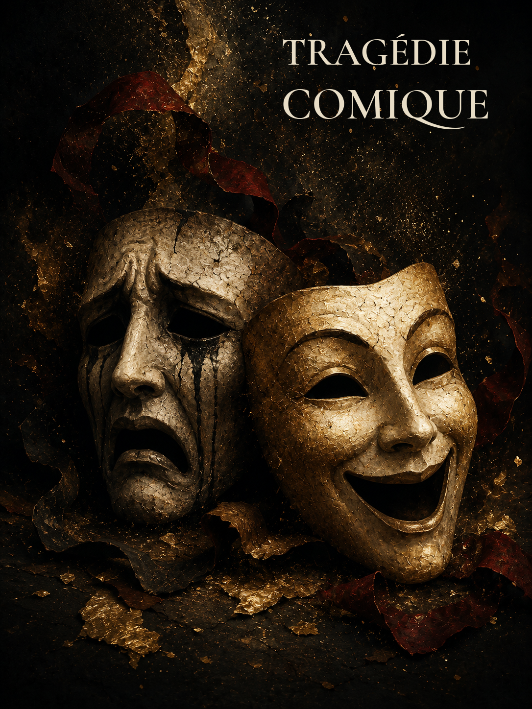 Two weathered theatrical masks—one tragic and one comic—surrounded by dark red ribbons and gold fragments, with the title “TRAGÉDIE COMIQUE” in ivory serif lettering at the upper right.