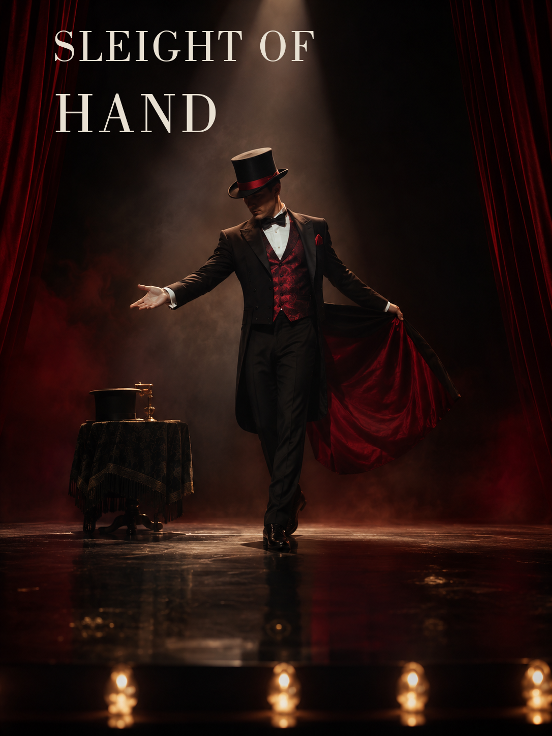 Sleight of Hand marching band show poster featuring a magician in black and red formalwear under a spotlight on a dark stage framed by deep red curtains.