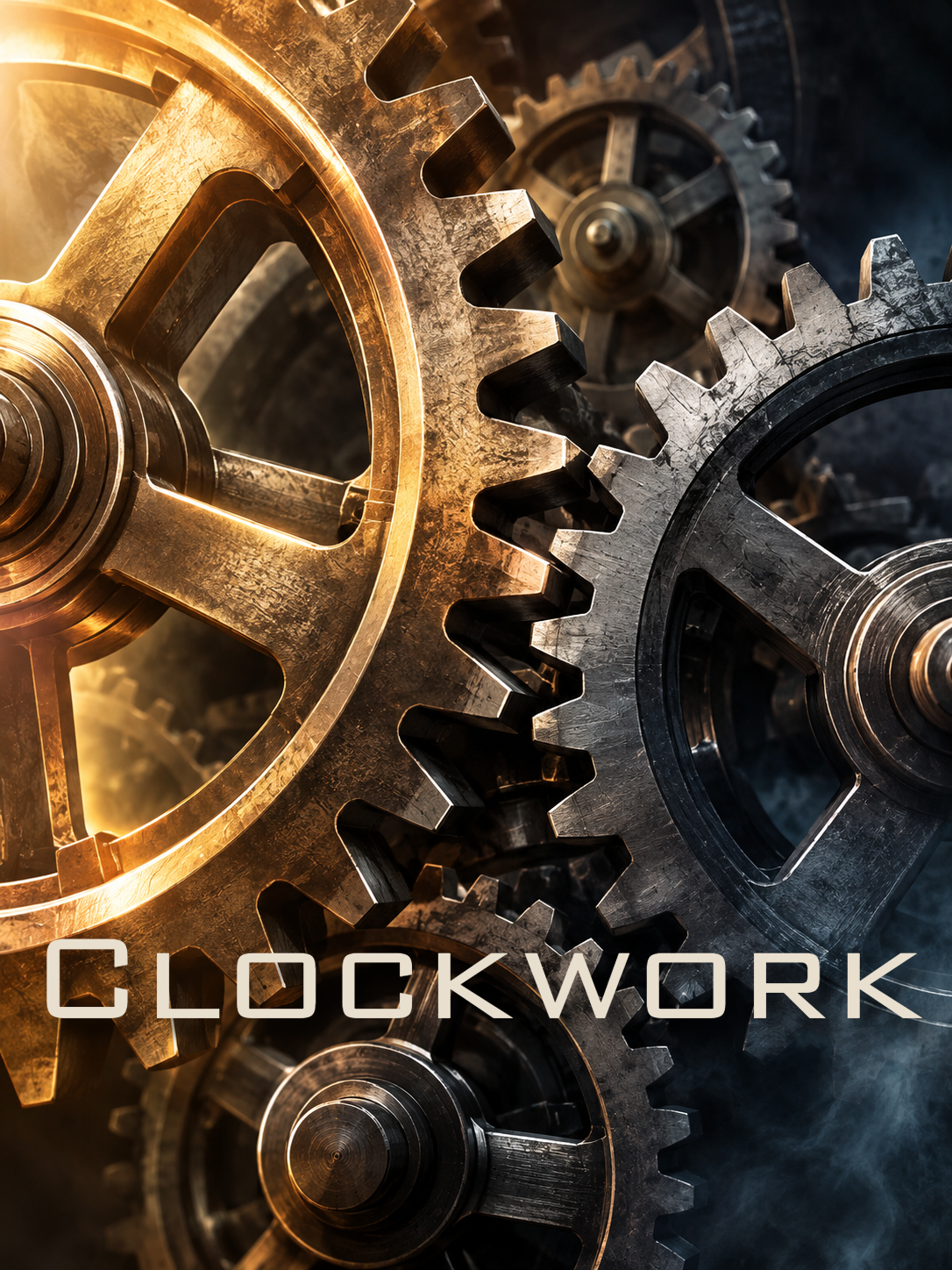 Clockwork original marching band show promotional artwork featuring interconnected bronze and steel gears in a dramatic industrial setting.