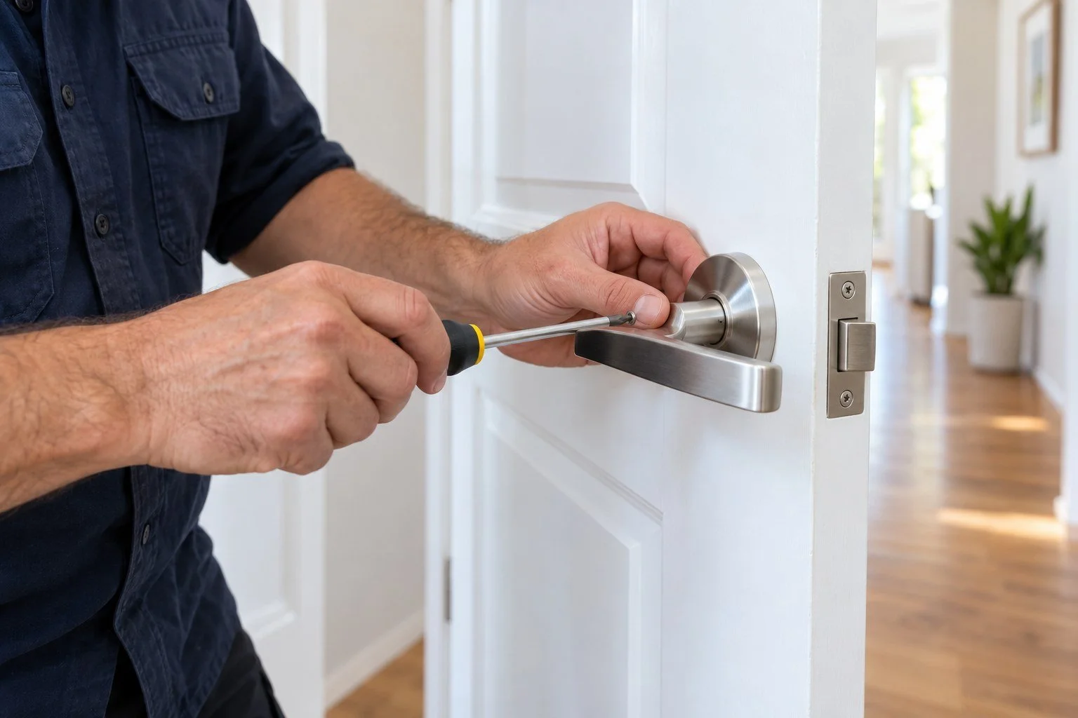Handyman tightening a lever handle on a standard interior door.
